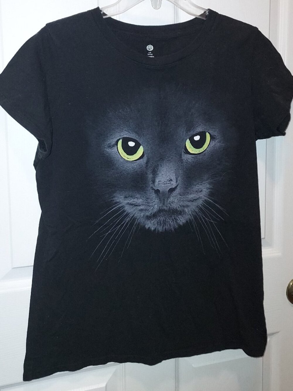 BLACK CAT /•᷅‎‎•᷄\੭ Halloween Shirt 🎃 Ladies Sz L 12/14 100% Cotton BLACK